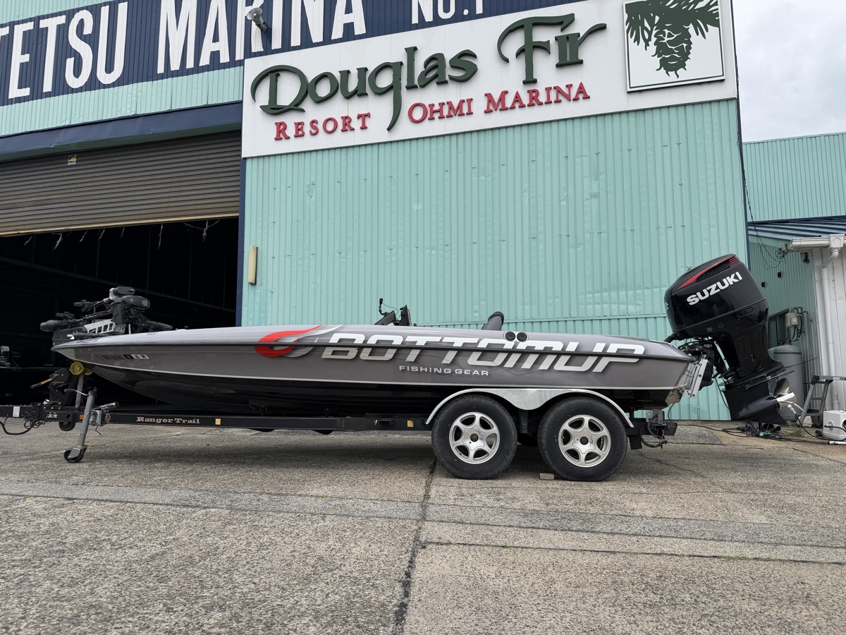 Ranger bass boat with Suzuki outboard used for Lake Biwa fishing charters, at Ohmi Marina Japan