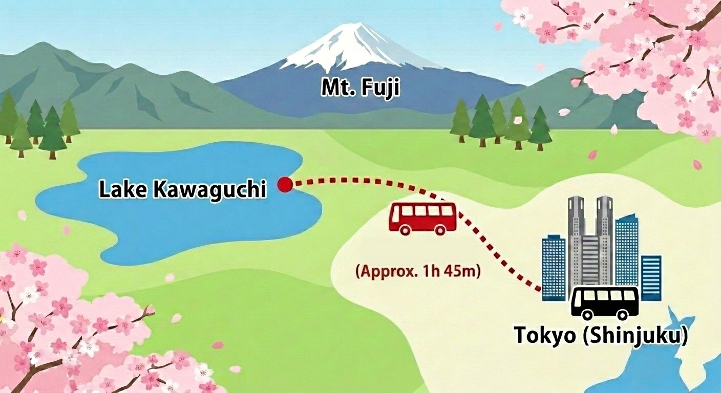 Illustrated map showing bus access from Tokyo (Shinjuku) to Lake Kawaguchi in about 1 hour 45 minutes