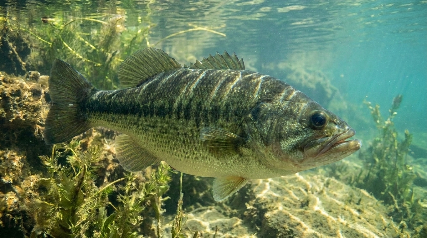 Largemouth bass swimming underwater among aquatic vegetation at Lake Kawaguchi