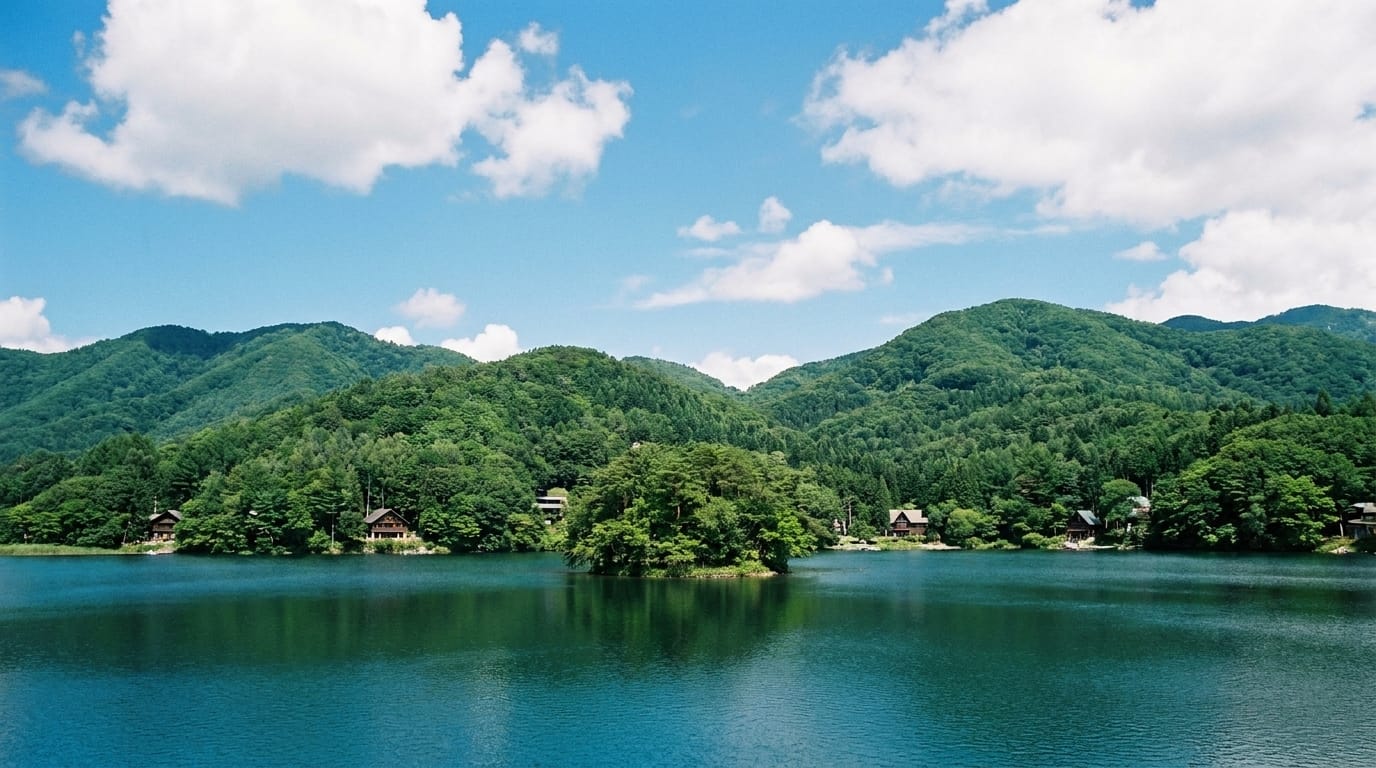 Lake Nojiri highland lake with mountain scenery, Nagano, Japan