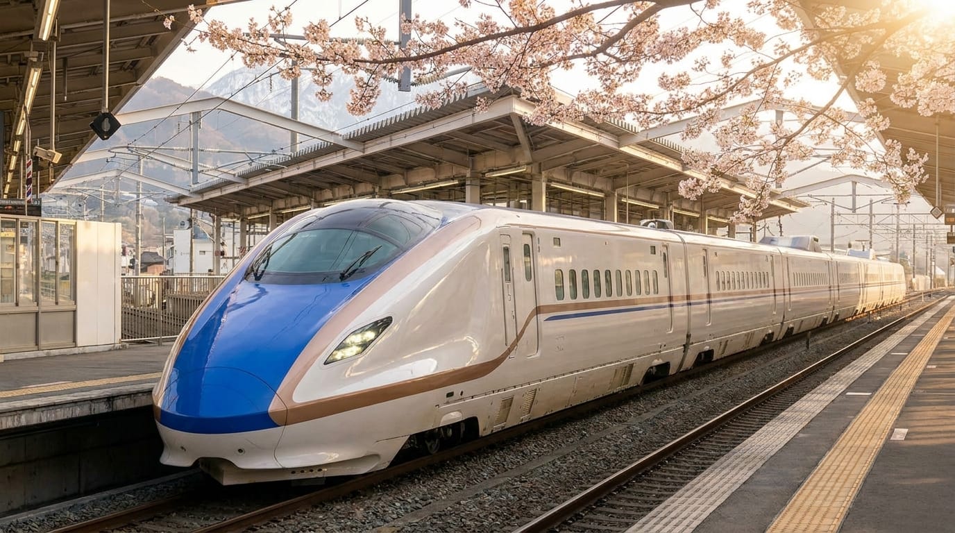 Hokuriku Shinkansen at a station platform with cherry blossoms and mountains in the background